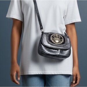 Kathy Van Zeeland Crown Emblem Crossbody – Navy Faux Snakeskin